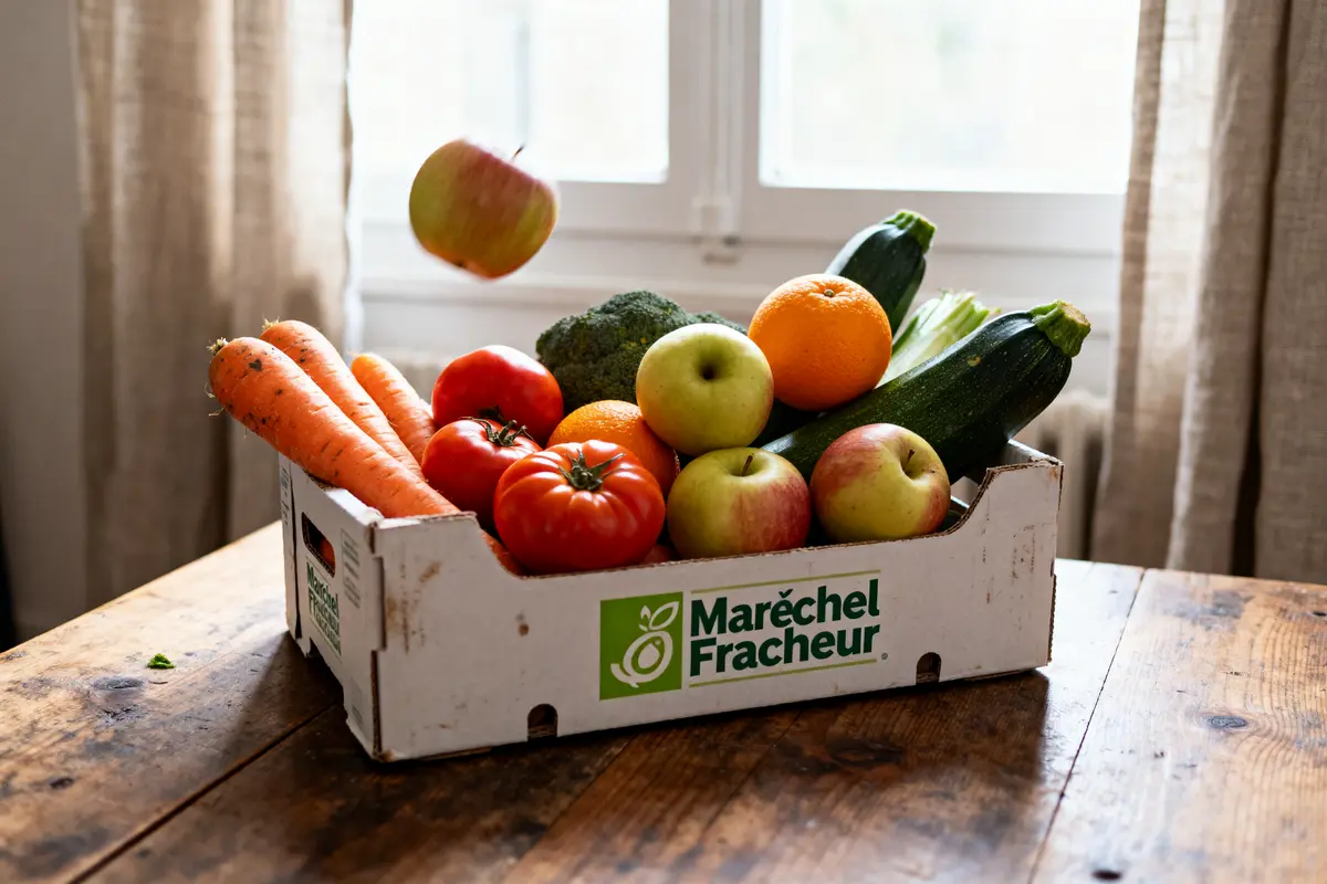 Corbeille de légumes et fruits variés sur table en bois, avec logo "Maréchel Fraîcheur".
