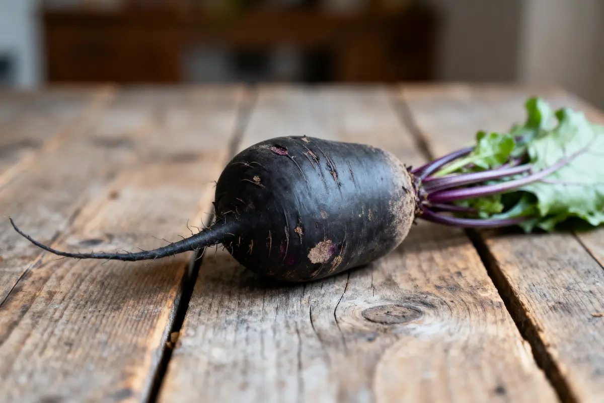 Radis noir posé sur une table en bois, avec feuilles vertes en arrière-plan.
