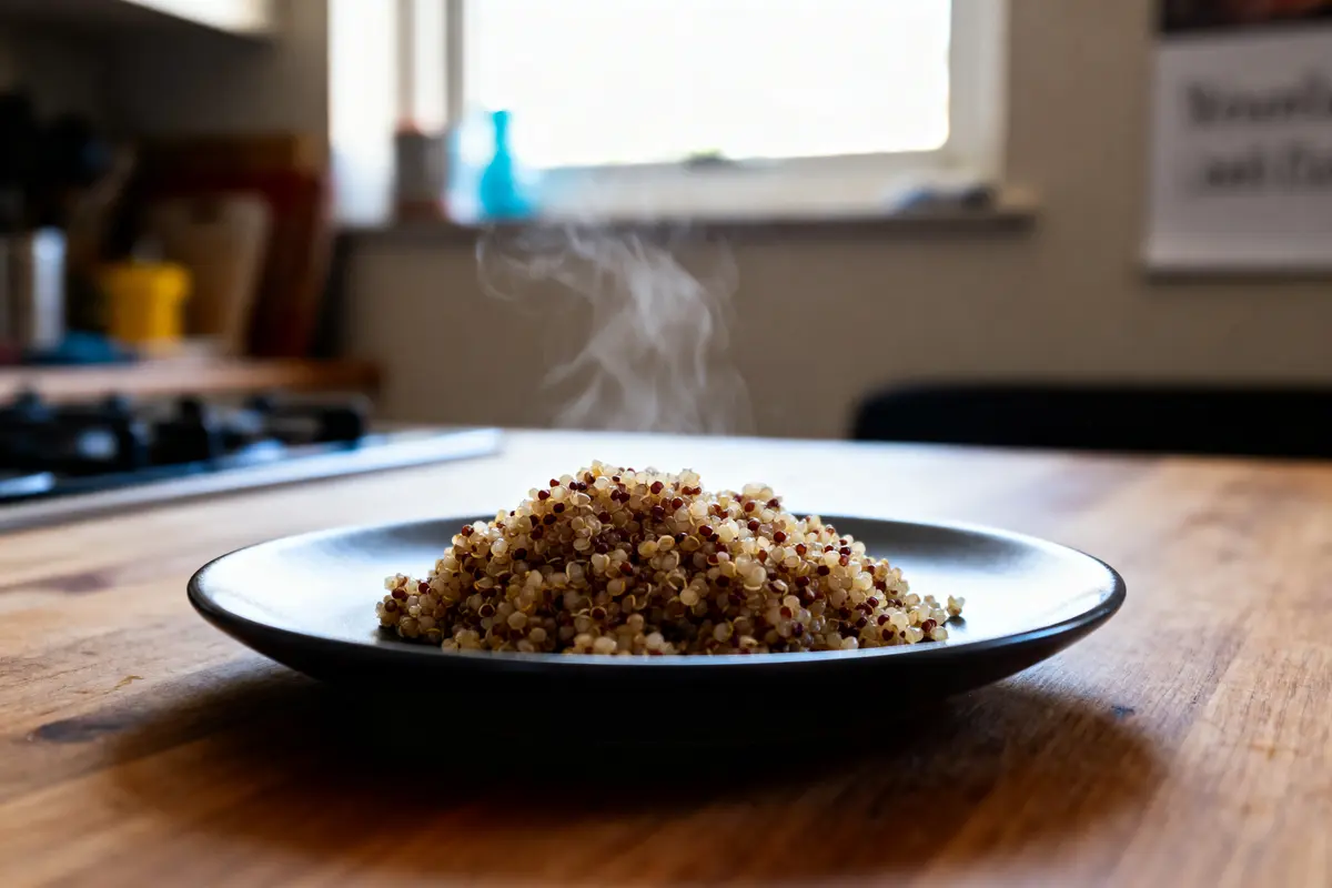 Assiette de quinoa fumant sur une table en bois, cuisine floue en arrière-plan.