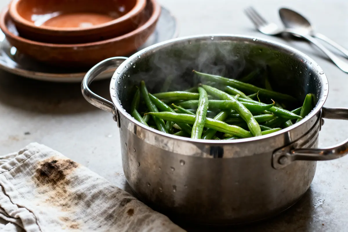 Casserole en acier inoxydable avec haricots verts cuits à la vapeur, torchon taché et vaisselle en arrière-plan.