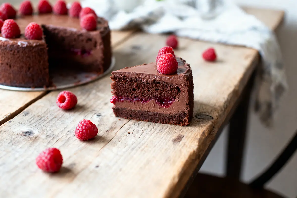 Gâteau au chocolat avec framboises sur une table en bois, part découpée au premier plan.