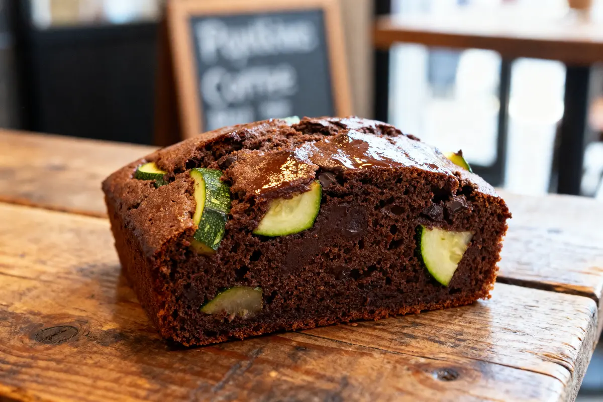 Pain au chocolat avec morceaux de courgette sur table en bois, arrière-plan flou.
