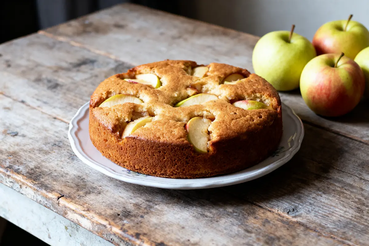 Gâteau aux pommes sur assiette blanche, table en bois, trois pommes vertes et rouges à côté.