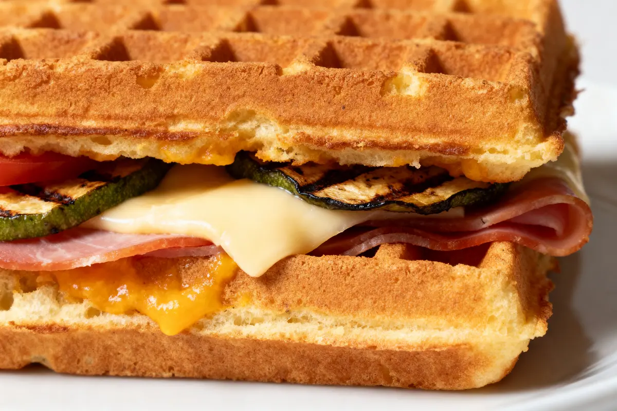 Gaufre garnie de jambon, fromage fondant, courgette grillée, tomate, sur une assiette blanche.