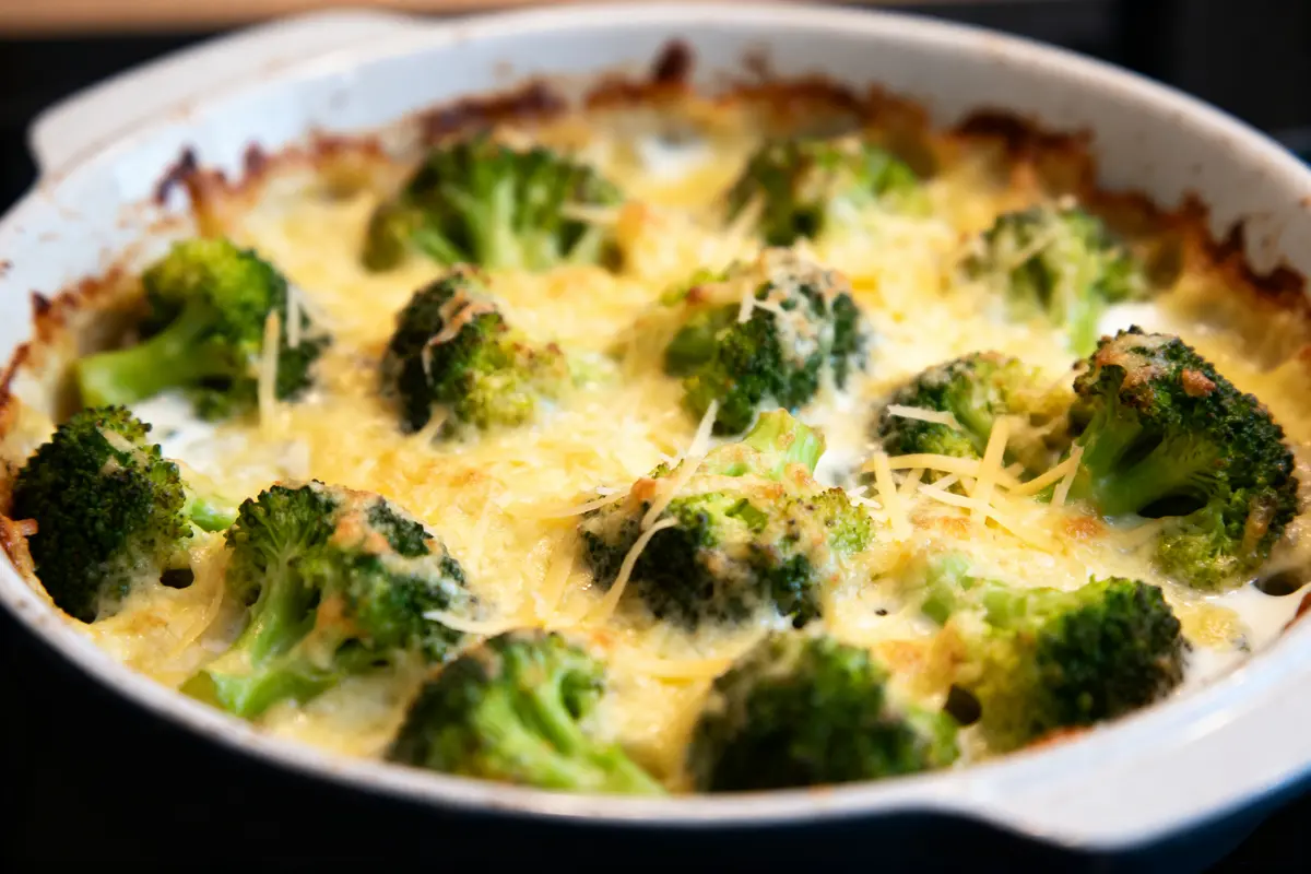 Plat de gratin de brocoli, fromage fondu, légèrement doré, dans un plat à four.