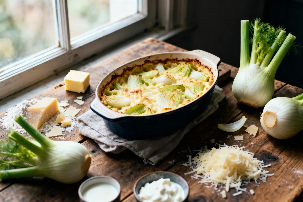 Plat de gratin de fenouil avec fromage, beurre et crème sur table en bois près d'une fenêtre.