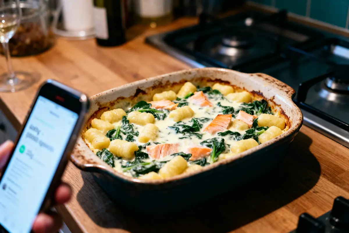Plat avec gnocchis, épinards, saumon, et sauce crémeuse dans un plat de cuisson. Smartphone en avant-plan.