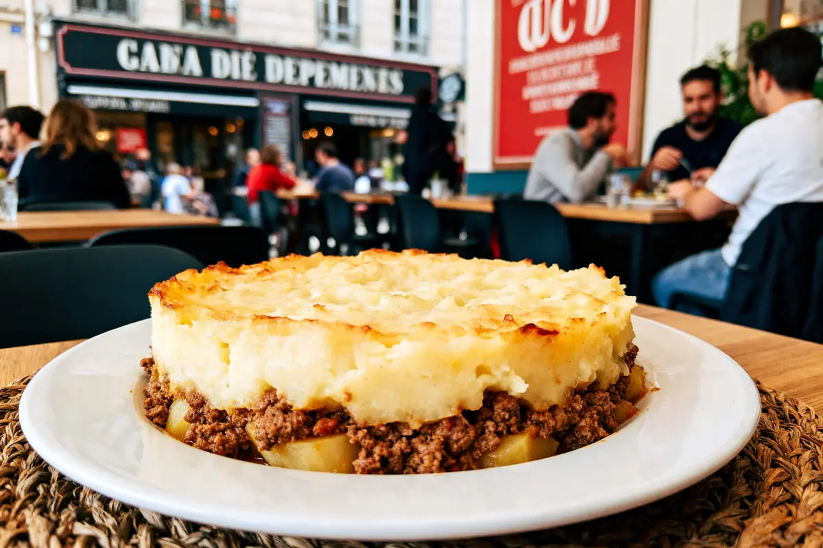 Plat de hachis parmentier sur une table, avec restaurant animé en arrière-plan.