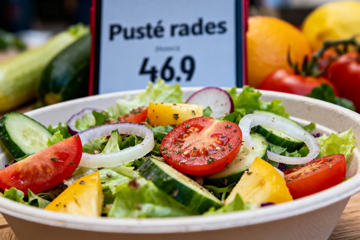Assiette de salade colorée avec tomates, concombres, oignons, poivrons et laitue. Étiquette de prix visible à l'arrière-plan.
