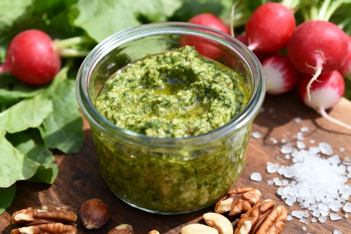 Un pot de pesto vert, entouré de radis, noix et sel sur planche en bois.