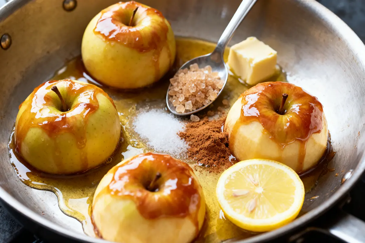 Quatre pommes caramélisées dans poêle, avec sucre, cannelle, beurre et demi-citron.