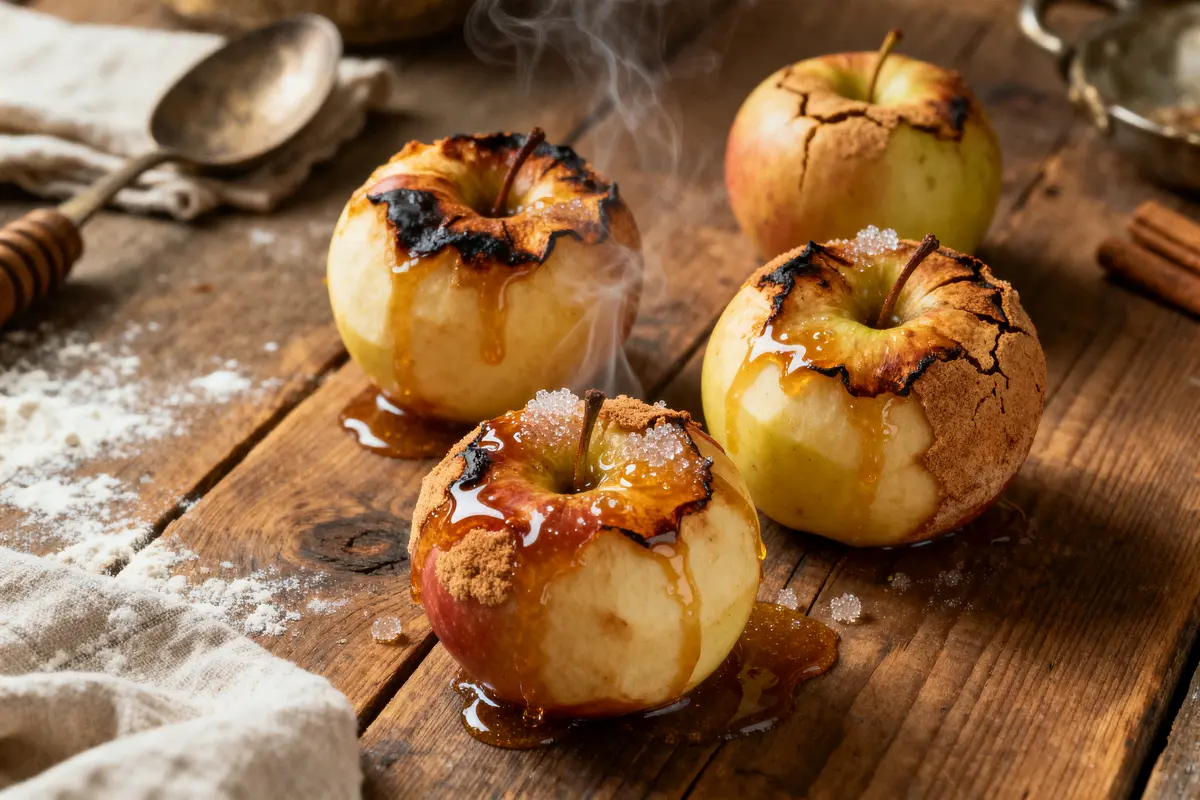 Pommes cuites au four, légèrement caramélisées, avec sucre et épices, sur table en bois rustique.