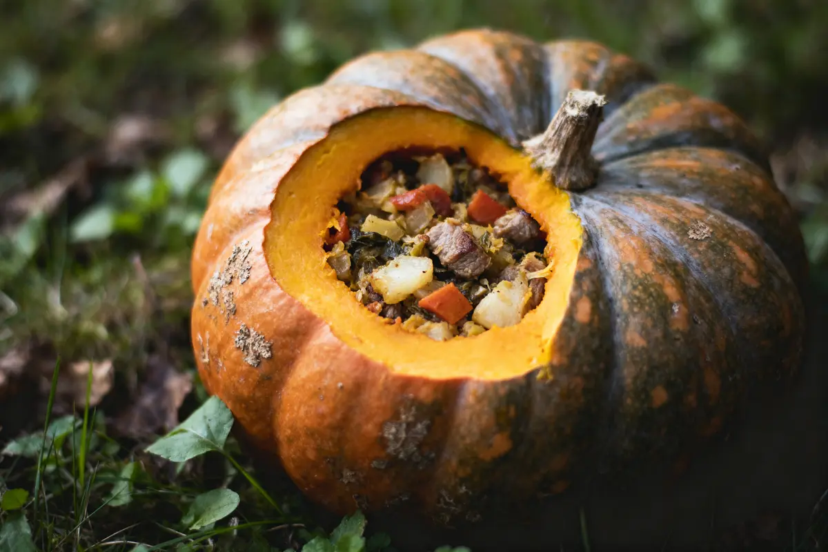 Courge farcie de légumes et viande, posée sur de l'herbe verte.