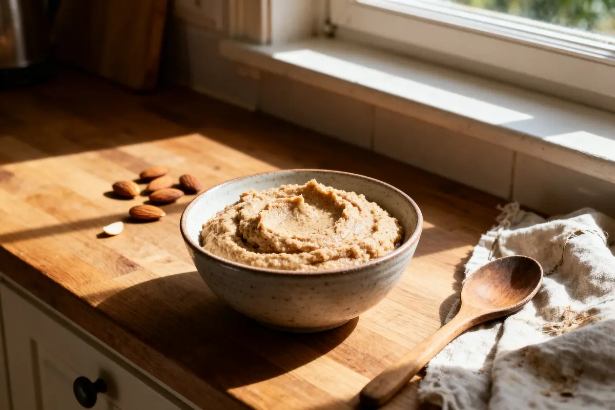 Bol de purée d'amandes sur une table en bois, avec cuillère et amandes éparpillées, éclairé par du soleil.