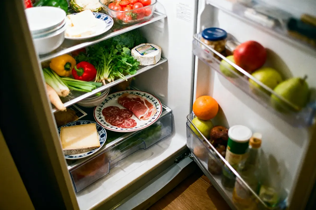 Réfrigérateur ouvert rempli de légumes, fruits, charcuterie, et produits laitiers bien organisés sur les étagères.