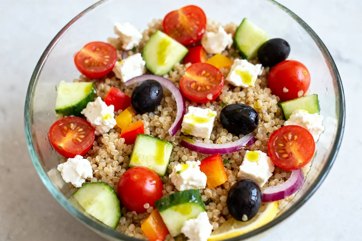 Salade de quinoa avec tomates cerises, concombres, olives noires, feta, oignons rouges et poivrons dans un bol en verre.