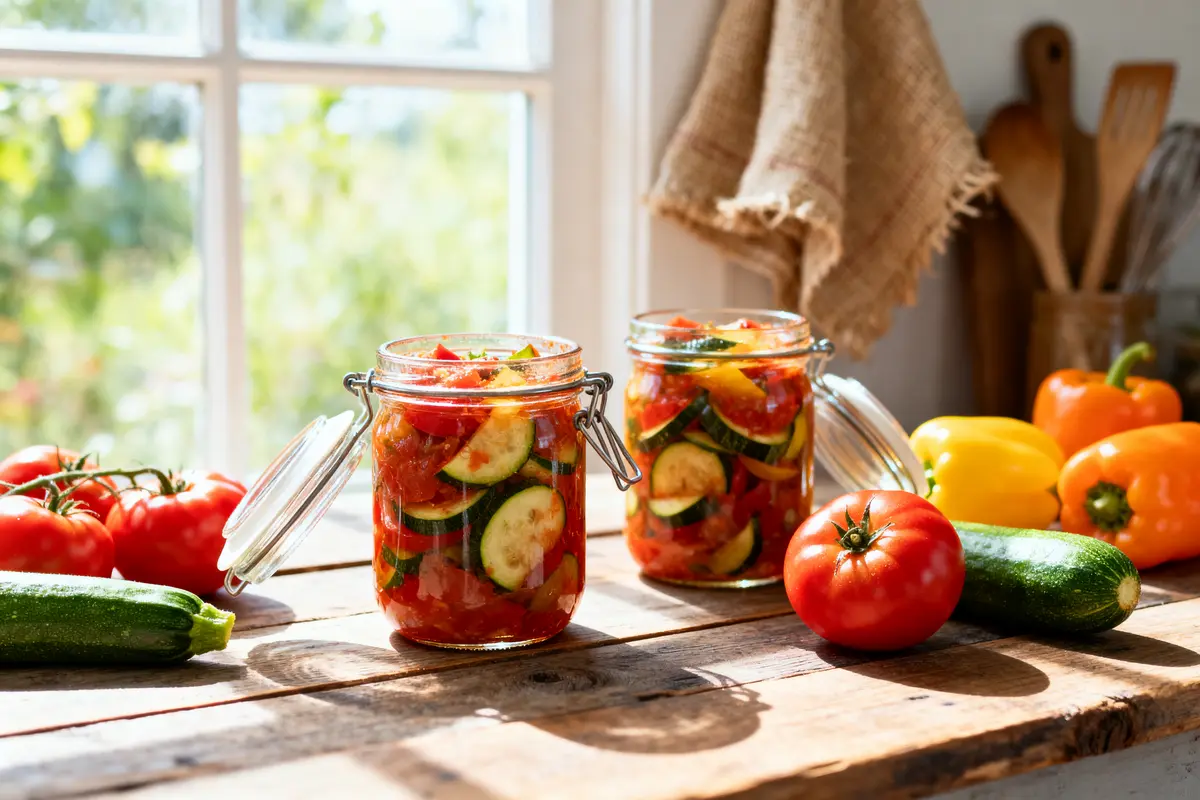 Deux bocaux de légumes marinés colorés sur une table en bois, à côté de tomates et poivrons.