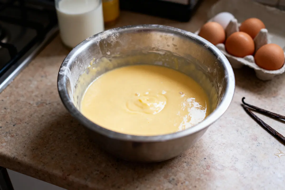 Bol de pâte à gâteau sur la table avec œufs, lait et gousses de vanille.