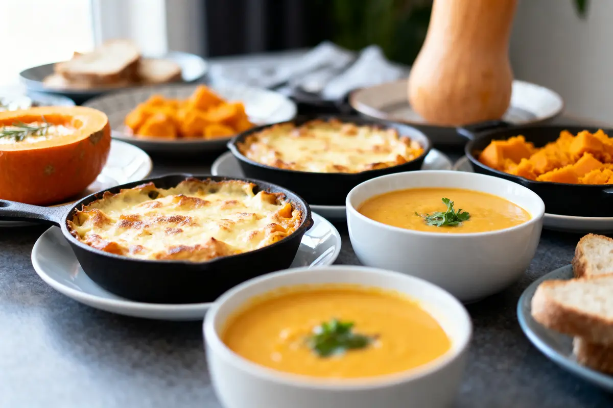 Assortiment de plats automnaux incluant gratins et soupes de courge, accompagnés de pain et potiron.