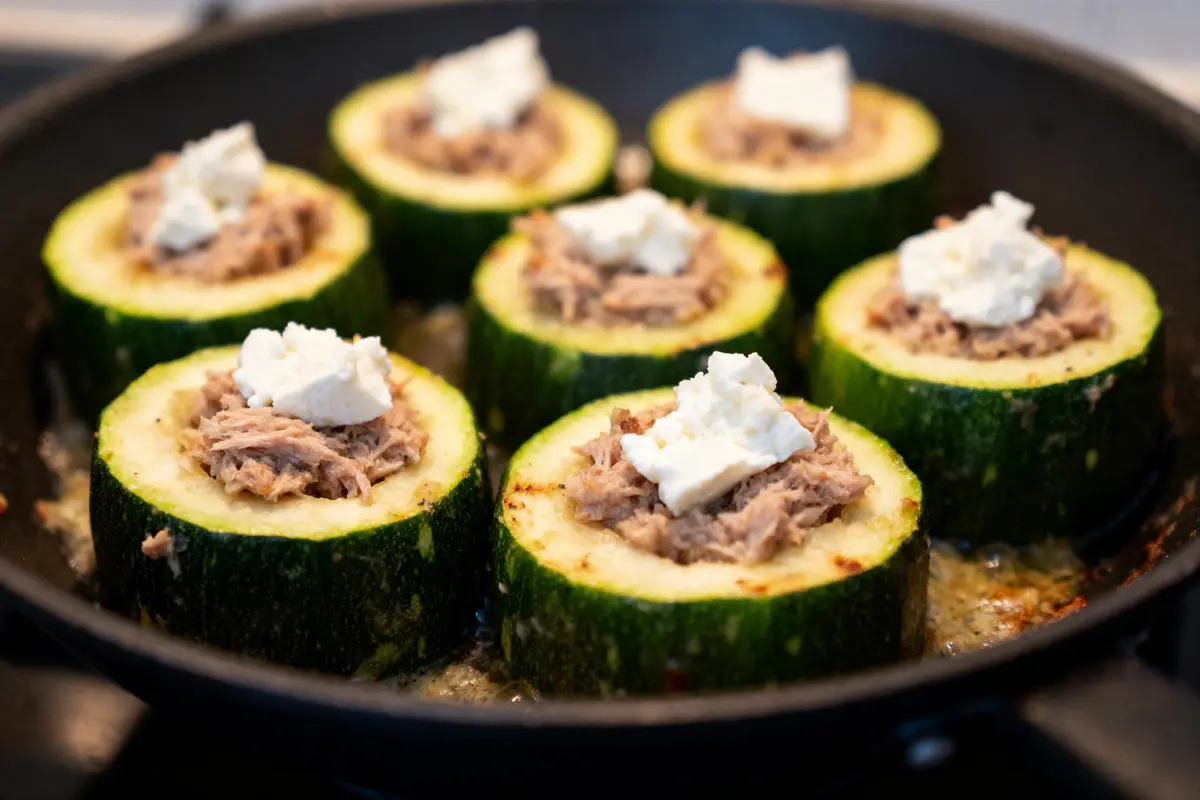 Rondelles de courgettes farcies au thon et fromage, cuisées à la poêle, sept pièces visibles.