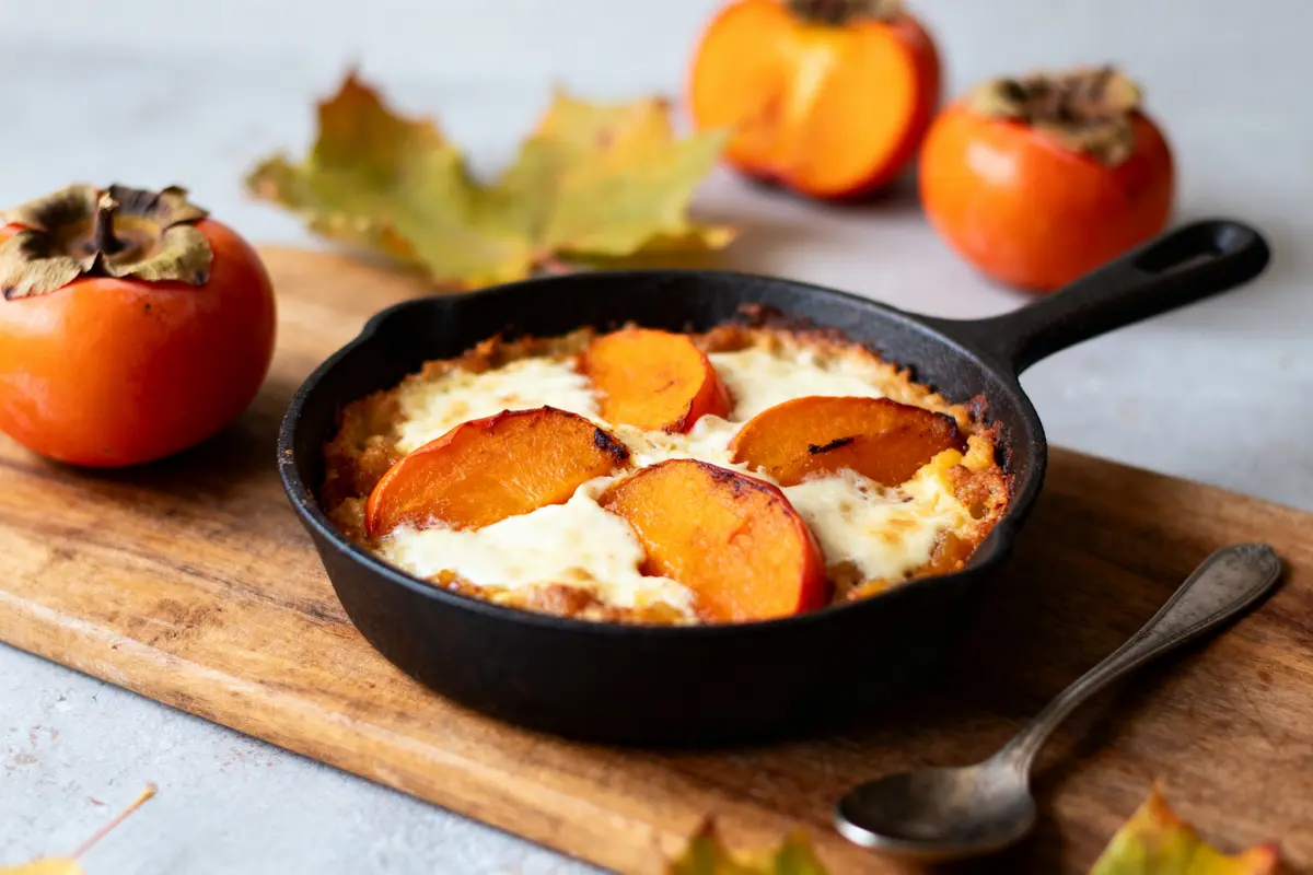 Cocotte en fonte avec gratin de kaki, planche en bois, kakis frais et feuilles d'automne.