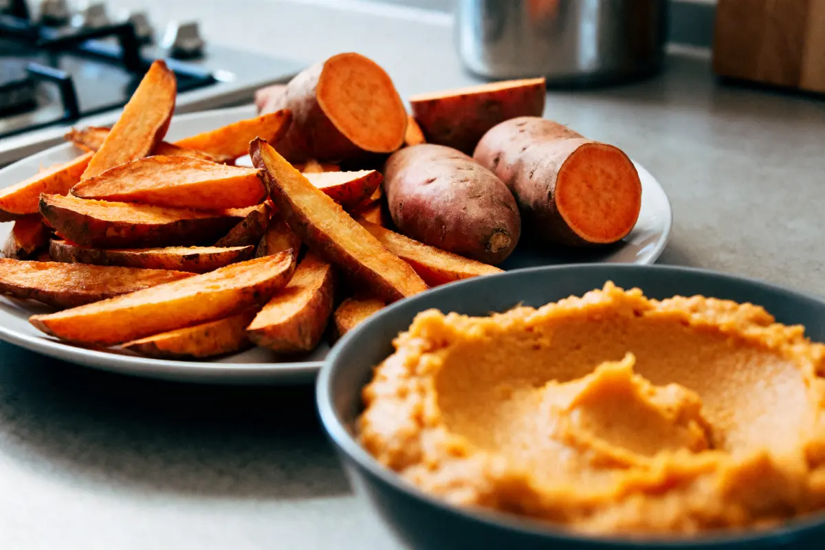 Assiette de patates douces tranchées et entières, purée dans un bol, en cuisine.