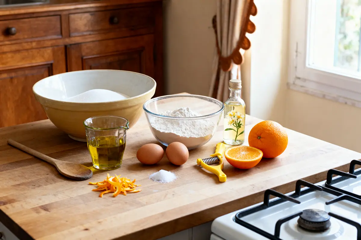 Ingrédients de pâtisserie sur table: farine, sucre, huile, œufs, orange, zeste, bouteille, cuisinière, cuillère en bois.