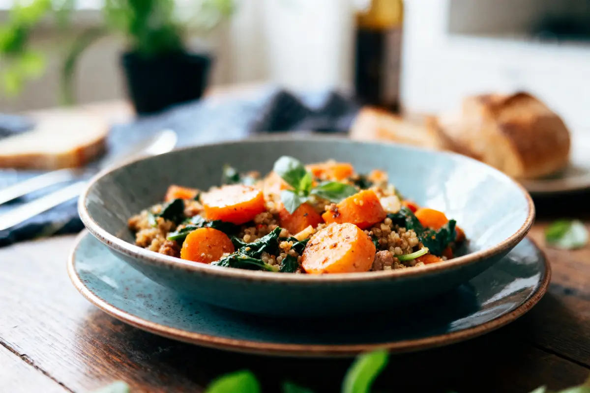 Assiette de quinoa aux carottes rôties, épinards et herbes, sur table en bois, pain en arrière-plan.