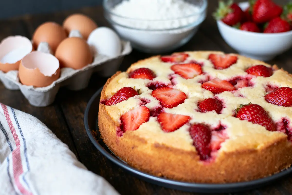 Gâteau aux fraises sur assiette, entouré d'œufs, farine et fraises, sur table en bois.
