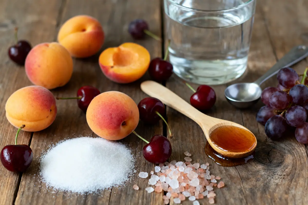 Abricots, cerises, raisin, sucre, sel rose, miel sur cuillère en bois, verre d'eau, table en bois.