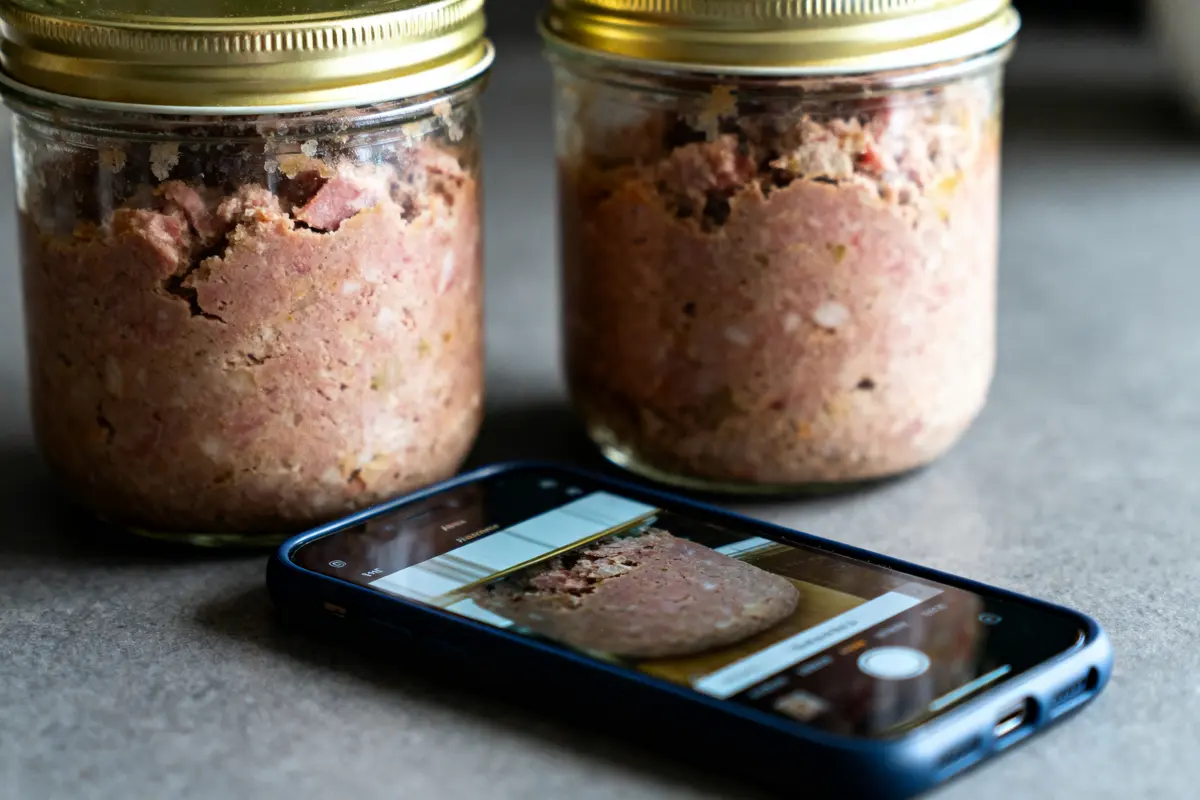 Deux bocaux de pâté de viande sur table avec smartphone photographiant un des bocaux.