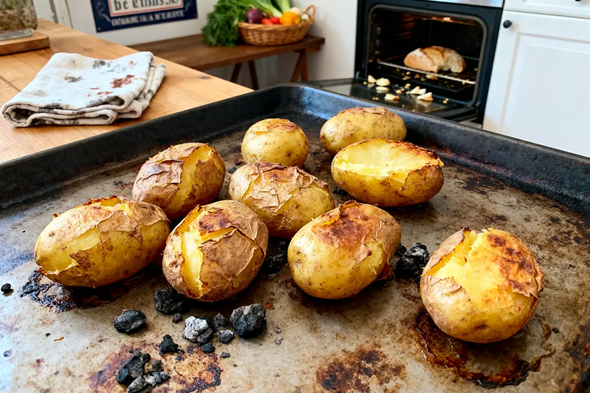 Pommes de terre rôties sur plaque, four ouvert avec pain, cuisine en arrière-plan, table en bois, légumes.