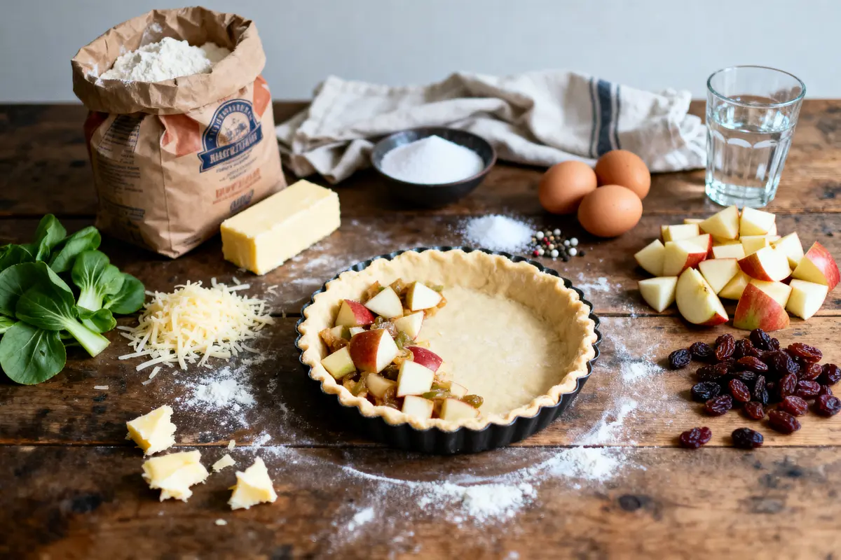 Ingrédients pour tarte aux pommes : pâte, pommes, raisins, œufs, beurre, farine, épices, fromage, légumes, verre d’eau.