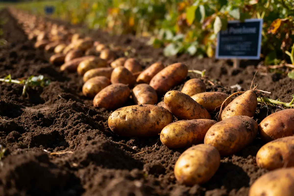 Pommes de terre fraîchement récoltées alignées sur un sol, avec plantes en arrière-plan, ensoleillé.
