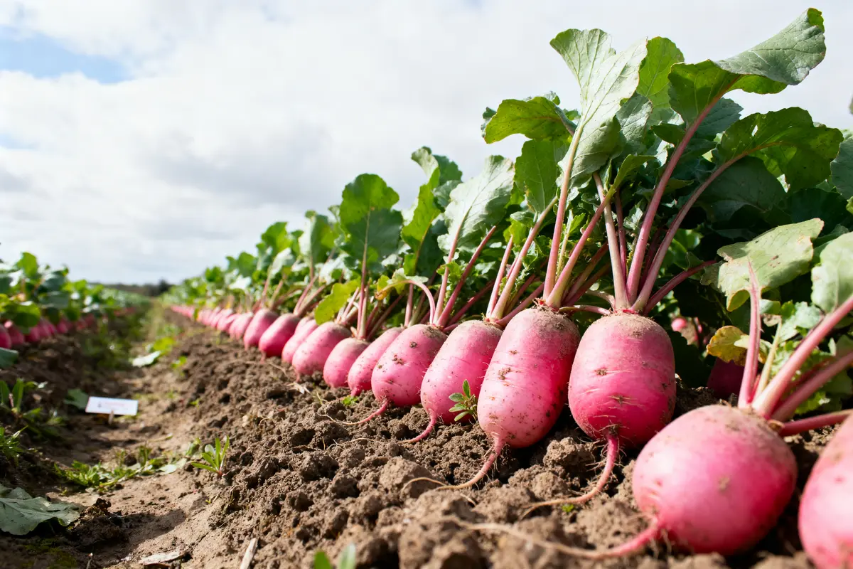 Ligne de radis roses dans un champ ensoleillé, avec feuillage vert, sous un ciel nuageux.
