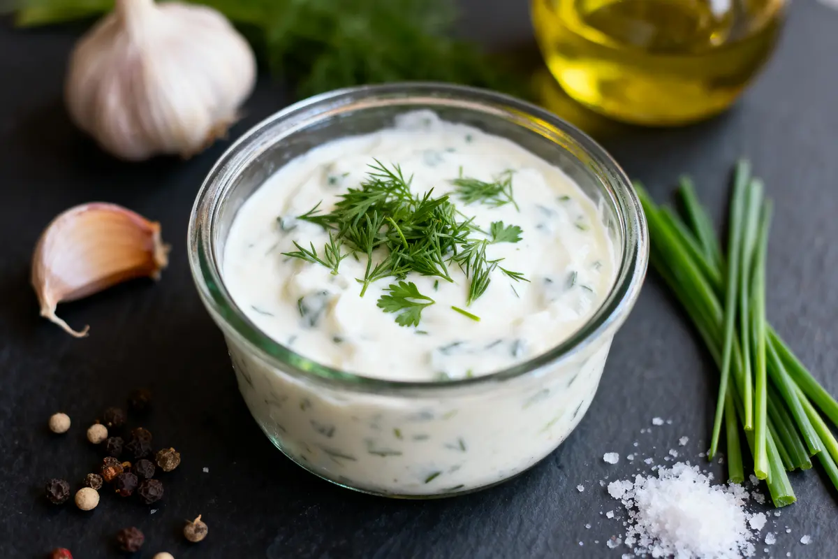 Bol de sauce crémeuse aux herbes, avec ail, huile, poivre et sel sur fond noir.