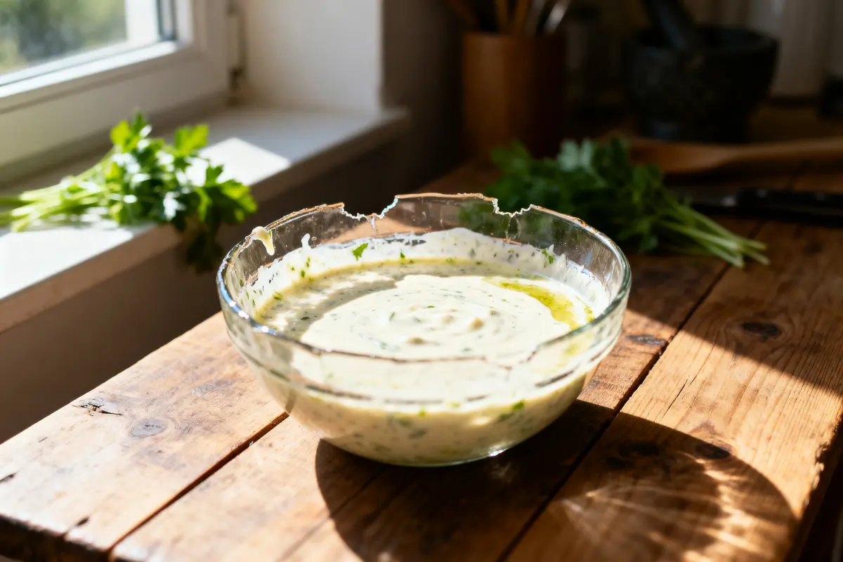 Bol de sauce crémeuse avec herbes sur table en bois, éclairé par la lumière du soleil.