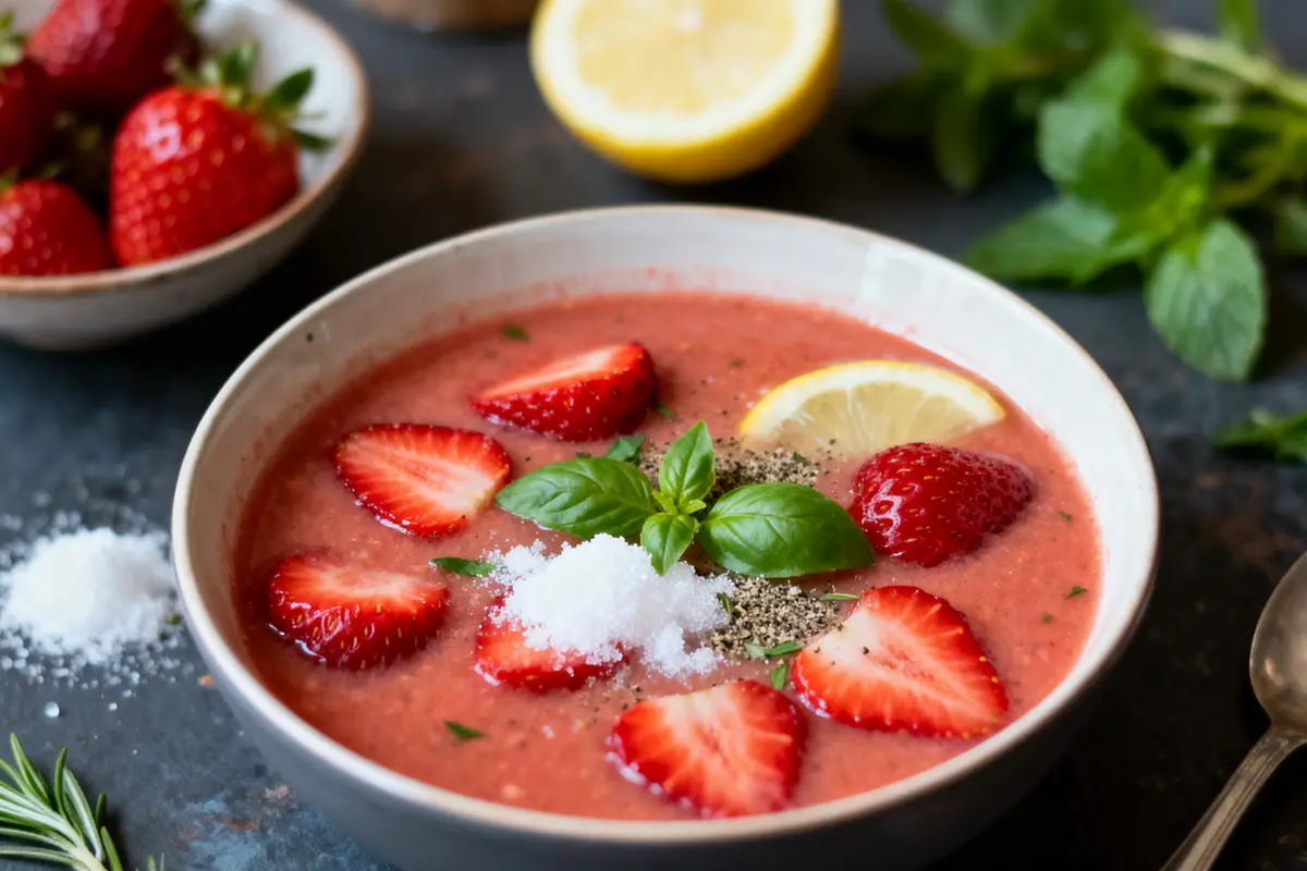 Bol de soupe aux fraises avec tranches de fraise, citron, basilic, sel, poivre, menthe et citrons jaunes.