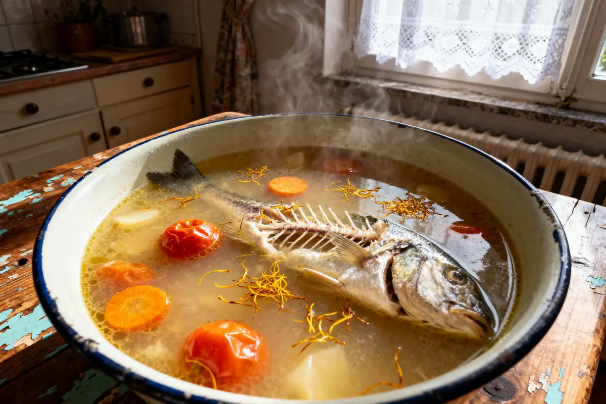 Bol de soupe de poisson avec légumes, carottes, tomates, dans une cuisine rustique en lumière naturelle.