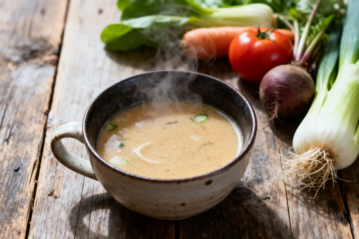 Bol de soupe fumante avec légumes frais sur table en bois.