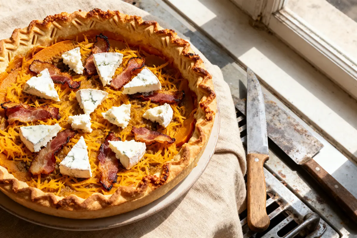 Tarte salée avec fromage bleu, bacon, et cheddar sur nappe, près de couteaux à la fenêtre ensoleillée.