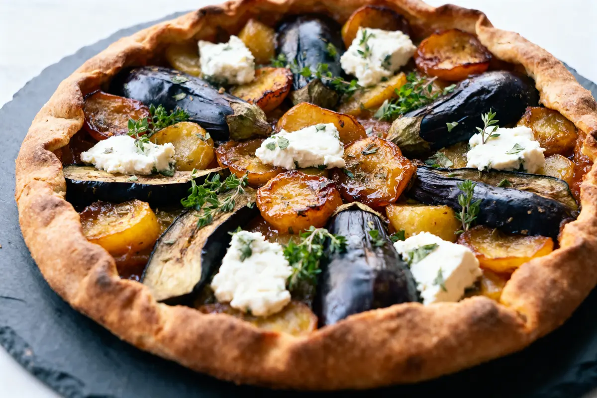 Tarte rustique aux aubergines, pommes de terre, fromage blanc et brins de thym, sur ardoise noire.