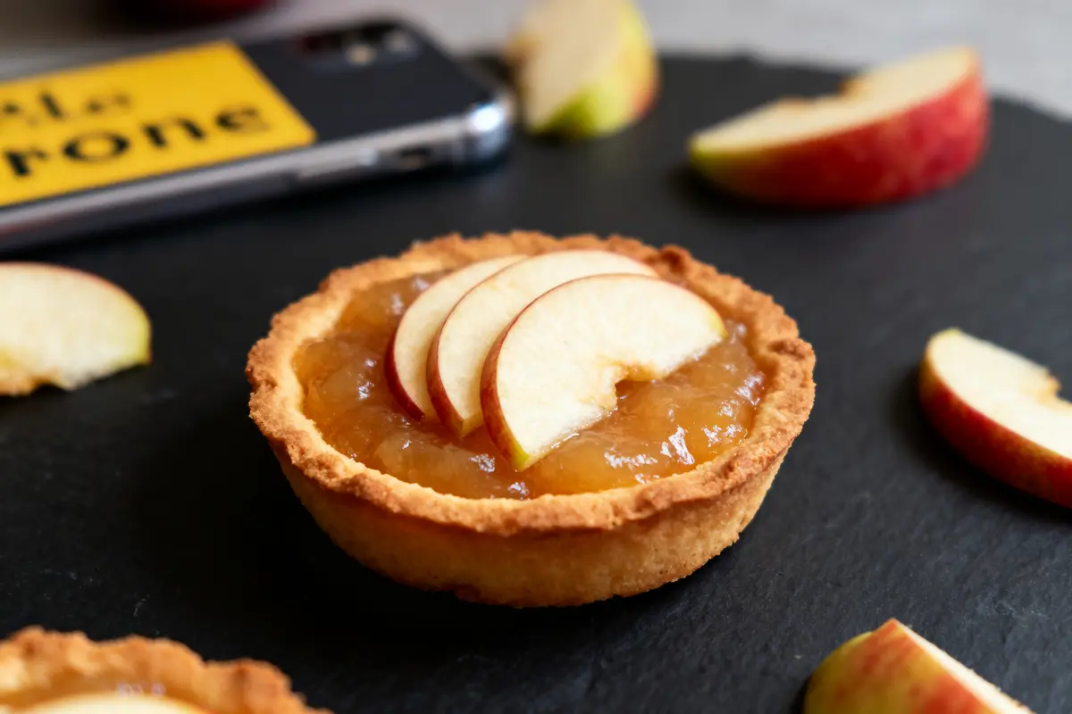 Tartelette aux pommes sur assiette noire, smartphone en arrière-plan, tranches de pomme autour.