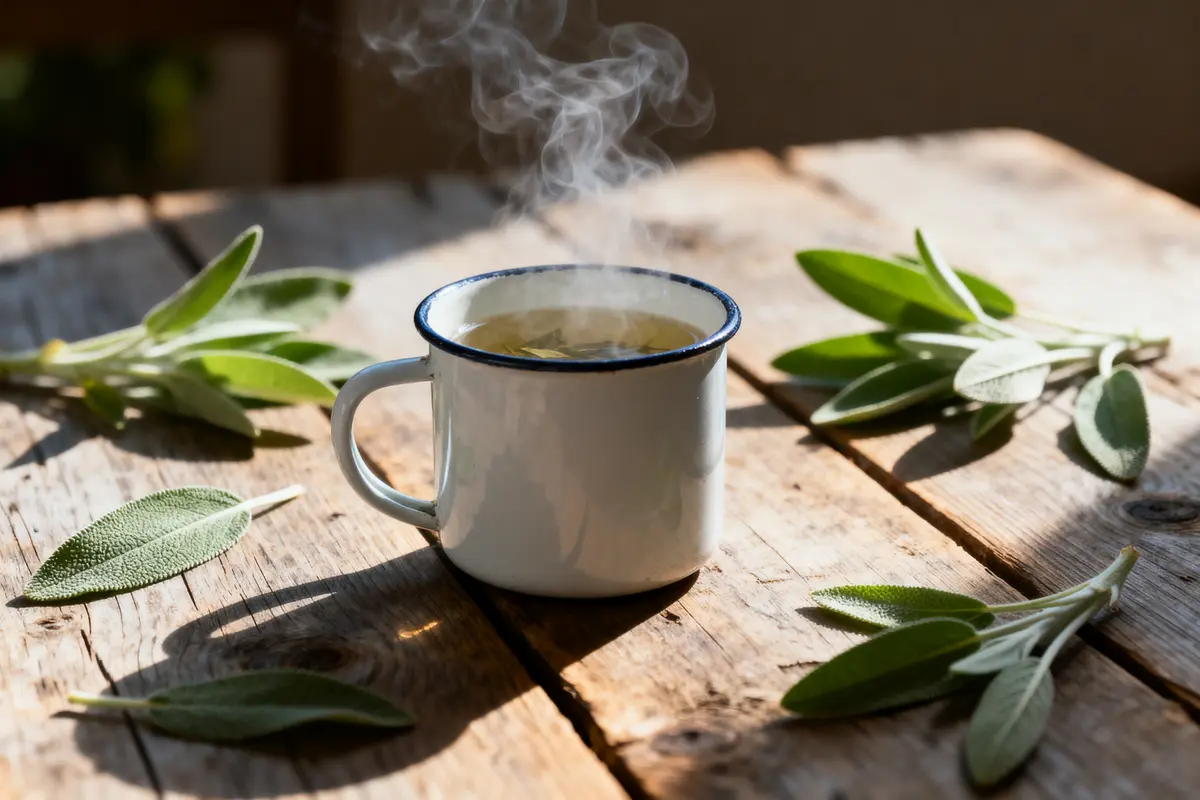 Tasse de thé fumant sur table en bois entourée de feuilles de sauge.