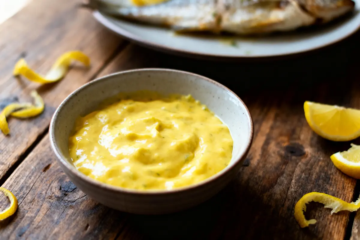 Bol de sauce jaune crémeuse sur table en bois, tranches de citron, poisson en arrière-plan.