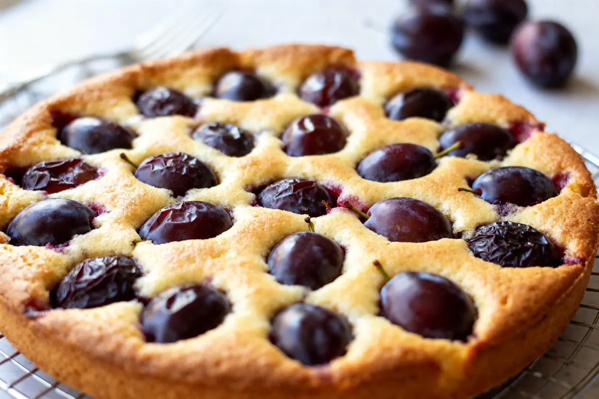 Clafoutis aux quetsches doré avec prunes entières sur du grillage kulinairement appétissant
