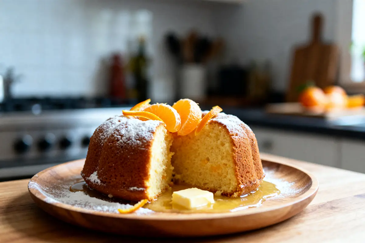 Gâteau clémentine avec tranches de clémentine et beurre sur une assiette en bois