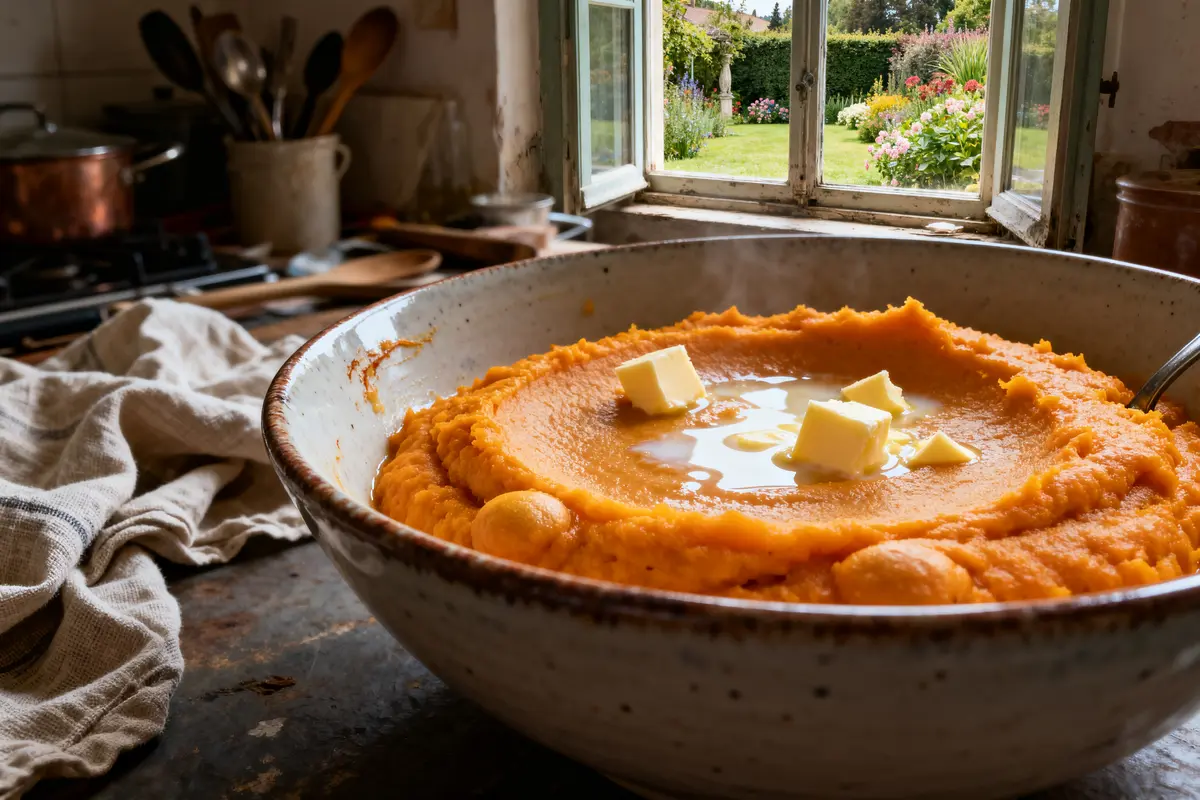 Purée de patate douce avec morceaux de beurre dans un bol près de la fenêtre