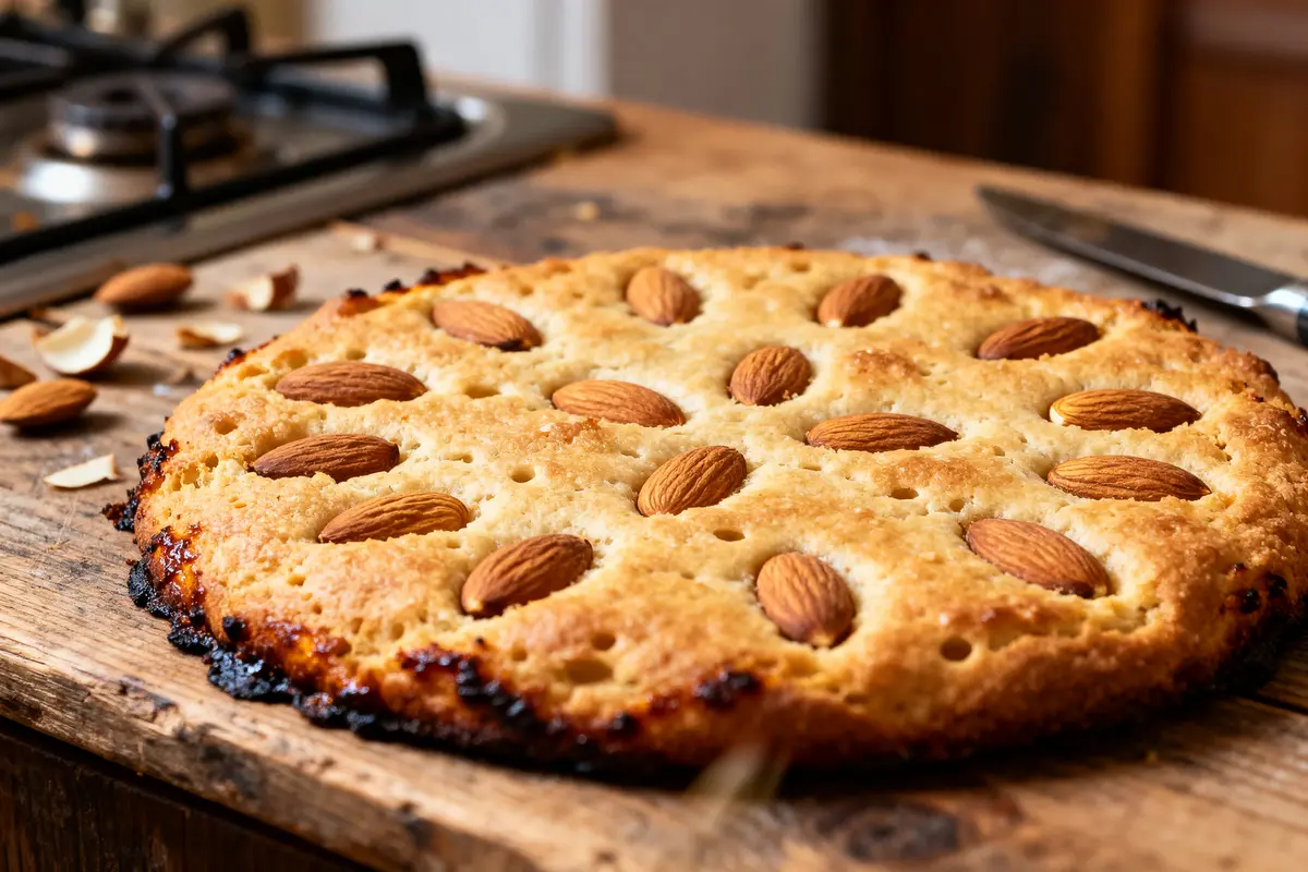 Gâteau aux amandes dorées sur planche en bois pour recette de croquant fait maison