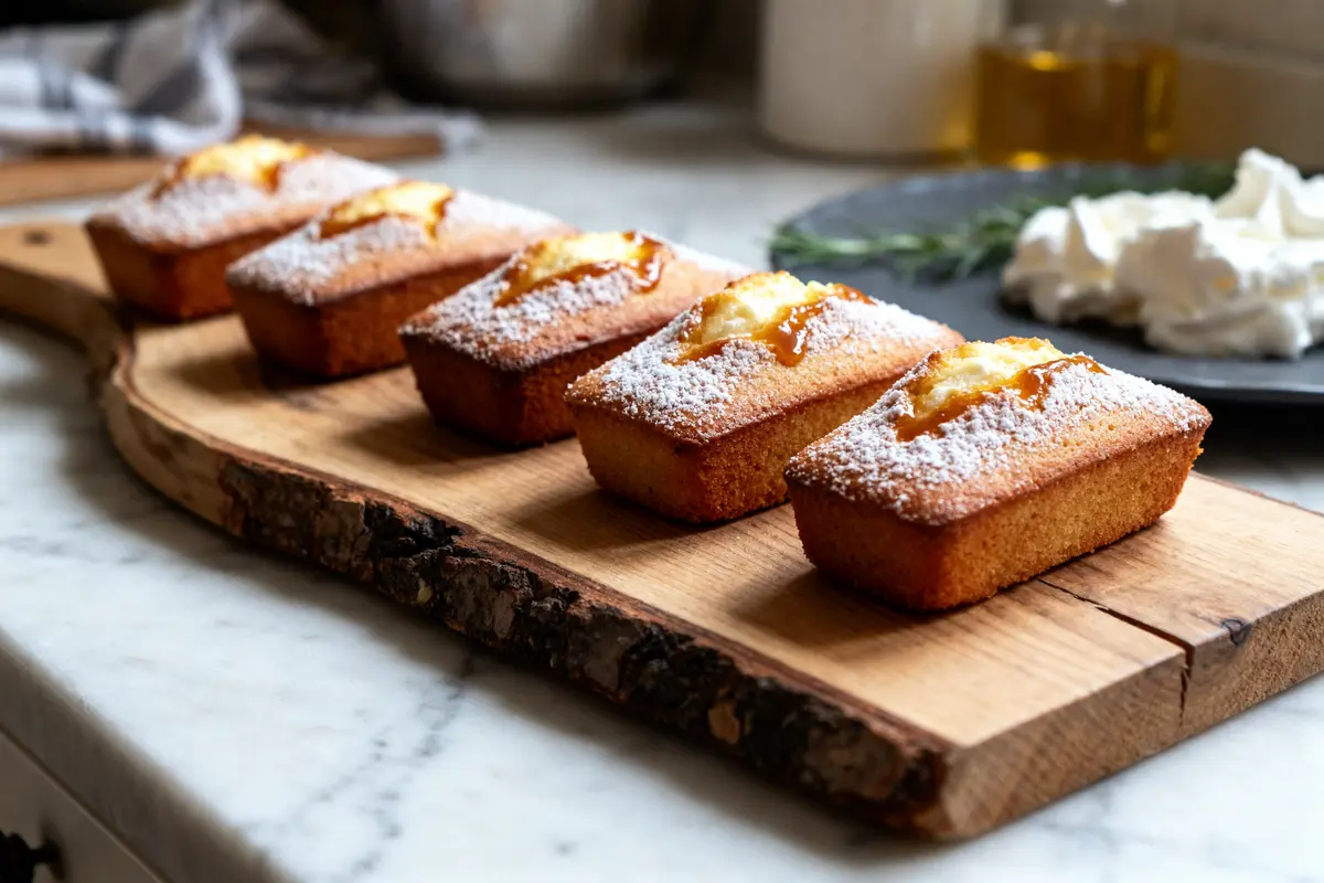 Cinq financiers dorés sur planche bois pour une recette de financiers gourmande et réussie
